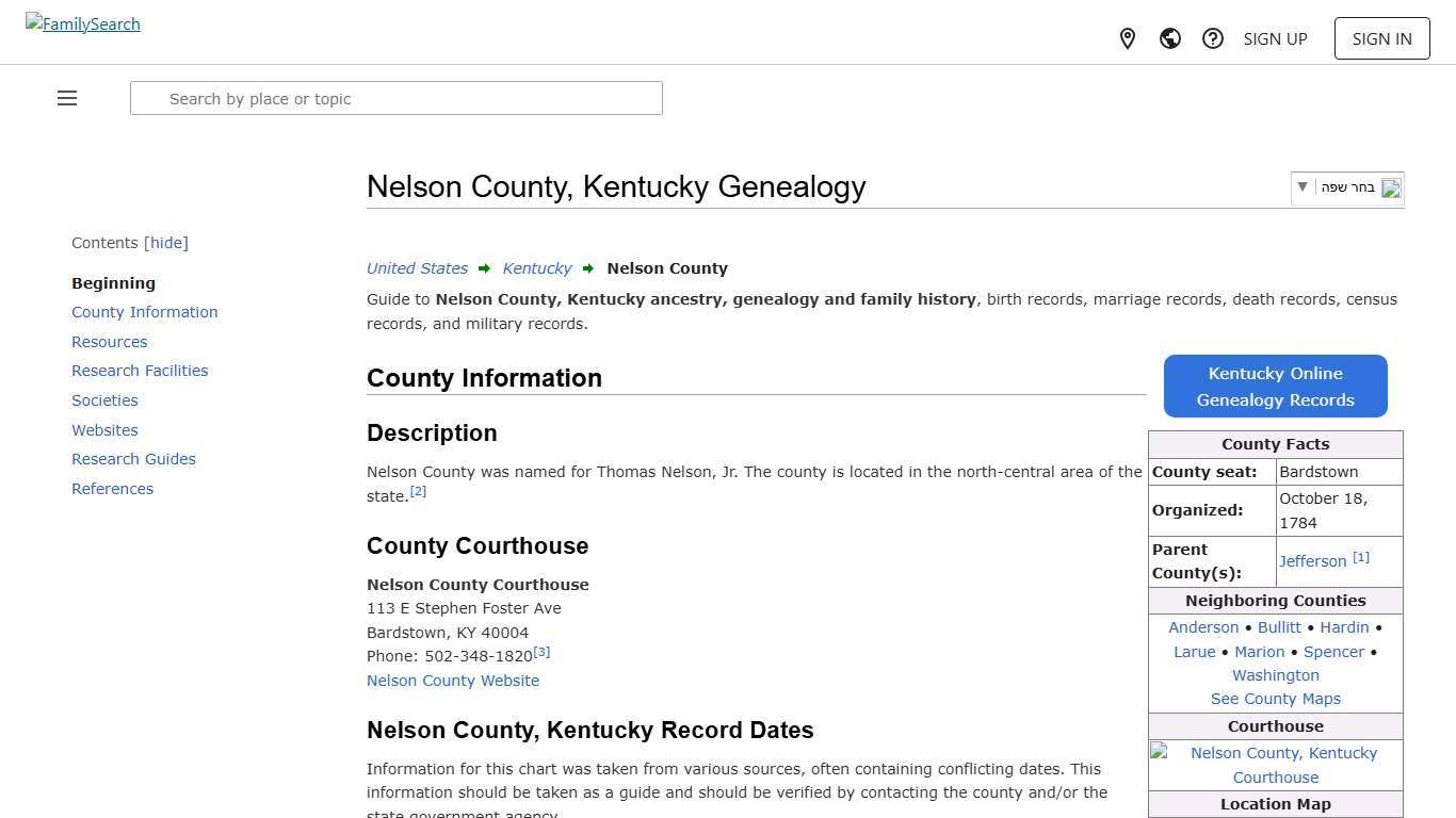 Nelson County, Kentucky Genealogy • FamilySearch